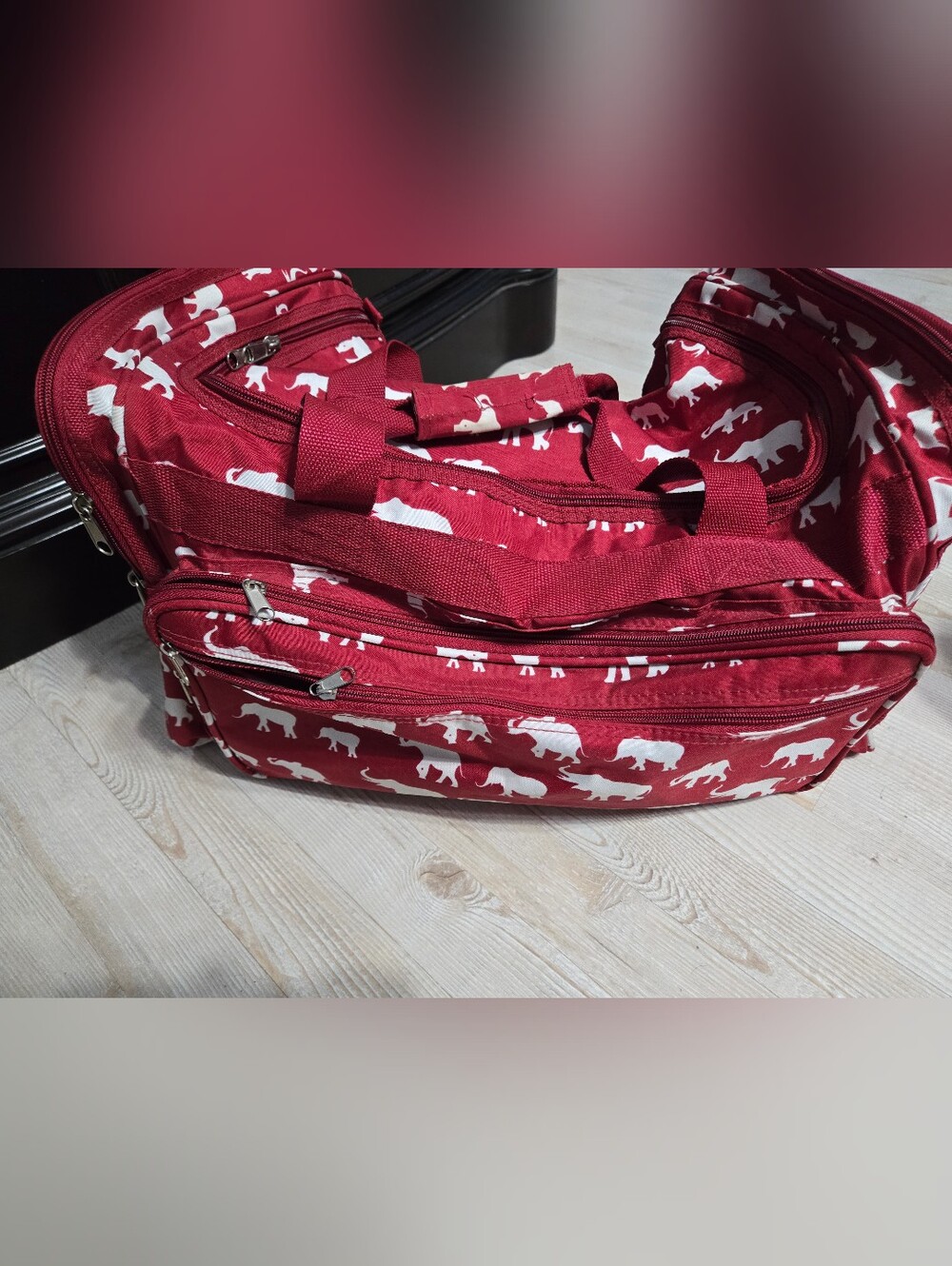 Red White Elephant Print Travel Duffle Bag